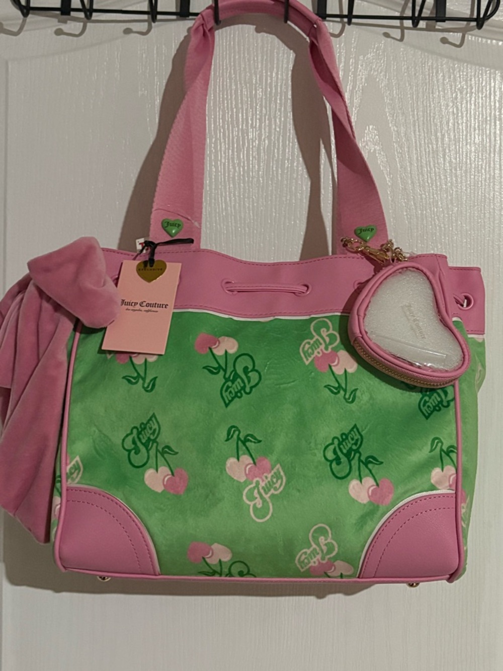 Juicy Couture Pink & Green Cherry Print Tote with Heart Charm